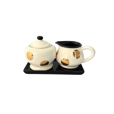Imagem de Conjunto Açucareiro Leiteira e Bandeja 3 Peças em Porcelana com Fio e Bolas Douradas Branco BTC Decor
