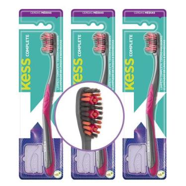 Imagem de Kit 3 Escova de Dente Rosa Cerdas Médias Kess Complete Limpador de Lín