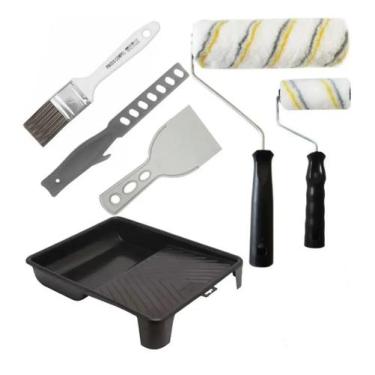 Imagem de Kit 7 Peças Pintura Parede Teto Rolo Lã + Pincel + Espátula - COMPEL
