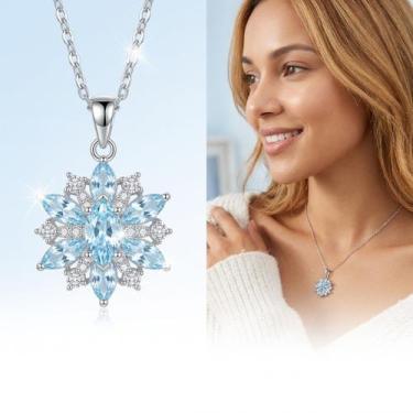 Imagem de Colar Feminino Acessórios Romântico Floco Neve Azul Sky Brilhante Eleg