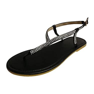 Imagem de Sandálias femininas casuais de verão chinelos casuais com strass dedo do pé sapatos romanos sandálias abertas de verão femininas, Preto, 9.5