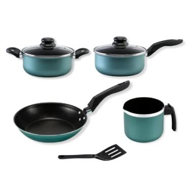 Imagem de Jogo de Panelas Verde Antiaderente Pequeno 5 Peças: Caneco 12cm Panela 16cm Caçarola 18cm Francesa 20cm 1 Espátula 25cm com Tampa de Vidro Não Gruda