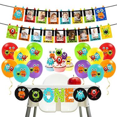 Imagem de Kit de decorações de aniversário de 1º monstro – Banner de foto Monster Bash, topos de cupcake para artigos de festa de pequenos monstros