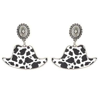 Imagem de Emulily Brincos de chapéu de cowboy com estampa de vaca e chapéu de cowboy ocidental, Vidro, N