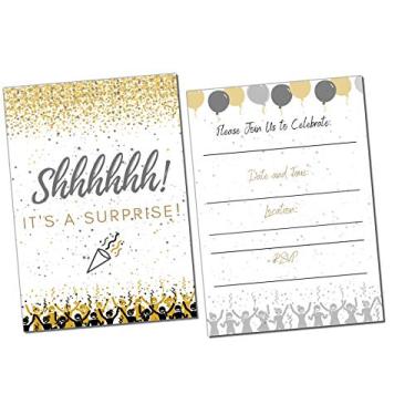 Imagem de Convites de festa surpresa | É um aniversário surpresa | Crianças e adultos | Encha de estilo | Preto e dourado | Confetti Streamers Party Convitations | 20 unidades com envelopes