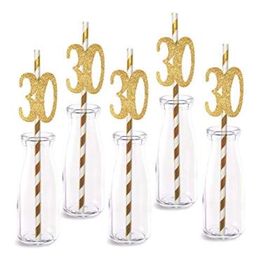 Imagem de Decoração de canudo de papel de 30 anos, pacote com 24 números de corte de glitter dourado real Happy 30 anos canudos decorativos de festa