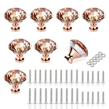 Imagem de JUXYES Pacote com 8 puxadores de vidro de 40 mm, puxadores de vidro de diamante de ouro rosa, puxadores de gaveta decorativos modernos puxadores de porta de armário para gaveta de cômoda armário