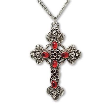 Imagem de Real Metal Colar com pingente de estanho medieval renascentista medieval cruz de filigrana gótica com pedras vermelhas