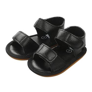 Imagem de Qwent Sandália infantil de verão para bebês meninos e meninas com bico aberto, lisa, sapatos para primeiros passos, sandálias planas para o verão (preta, 0 meses)