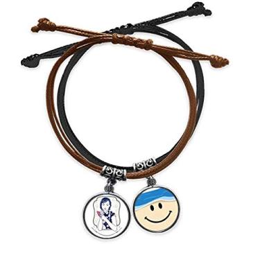 Imagem de DIYthinker Pulseira de couro feminina rosa com corrente de mão e pulseira de couro com rosto sorridente