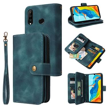 Imagem de Capa de telefone Capa tipo carteira compatível com Huawei P30 Lite, capa fina em couro PU, capa protetora com fecho magnético e suporte para cartão W + bolso para dinheiro Sacos Sleeves. (Color : Blu