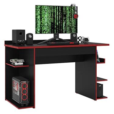 Imagem de Mesa de Computador Compartimento CPU Mesinha PC Escrivaninha Prateleiras Laterais Gamer - RPM Móveis (Preto/Vermelho)