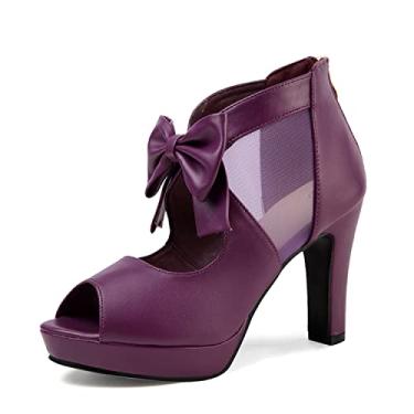 Imagem de GATUXUS Sandálias femininas de salto alto plataforma Open Toe com laços e tiras, Roxa, 10