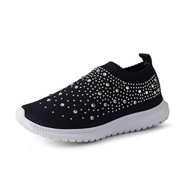 Imagem de GOSPT Tênis feminino de malha para caminhada, strass, glitter, sem cadarço, para salão, jazz, dança latina, meia, Azul escuro, 34