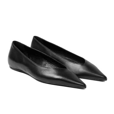 Imagem de THESHY Sapatilhas de balé de couro femininas com bico fino confortáveis casuais sapatos de bailarina sem cadarço, sapatilha de balé para mulheres, Preto, 9
