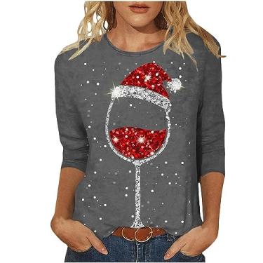 Imagem de Camiseta feminina de Natal multicolorida árvore de Natal blusa manga cotovelo camisas de férias para mulheres, Tops de Taças de Vinho Cinza, 4G