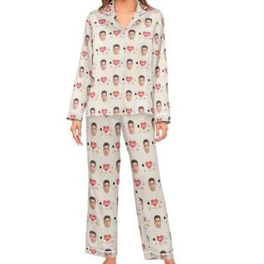Imagem de JUNZAN Conjunto de pijama feminino de cetim verde personalizado de manga comprida 2 peças pijama de botão para mulheres, Marfim, M