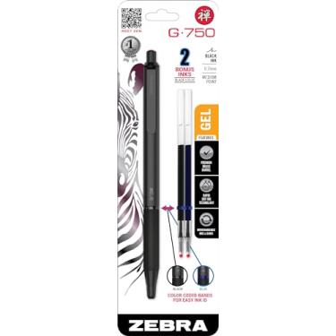 Imagem de Zebra Pen Caneta de gel retrátil G-750, cano de latão preto, ponta média, 0,7 mm, tinta preta, pacote com 1