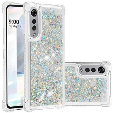 Imagem de Capa de telefone bonita para LG Velvet 5G, areia movediça fluindo com glitter, líquido flutuante, brilhante, macio, TPU (poliuretano termoplástico) macio, capa de telefone para meninas e mulheres para LG Velvet 5G, RLS colorida prata