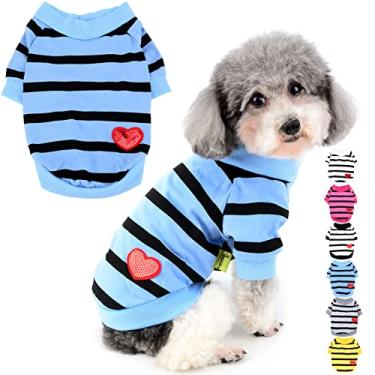 Imagem de Zunea Camisas para cães pequenos verão camiseta básica listrada roupas de filhote de cachorro lantejoulas amor coração moletom algodão macio manga curta camiseta animal de estimação menina menino