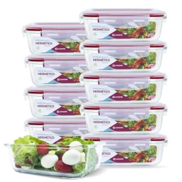 Imagem de KIT 10 Potes de Vidro Retangular com Tampa Hermética 640ml Cor:Vermelho (QH)