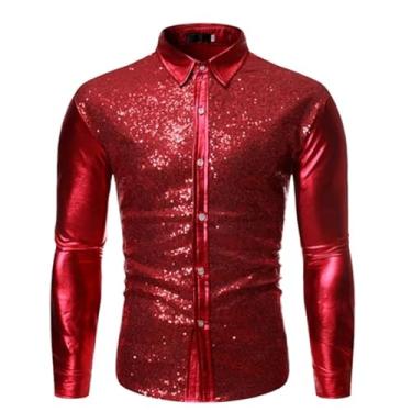 Imagem de Camisa masculina de patchwork de lantejoulas metálicas estilo discoteca dança discoteca camisa masculina festa de formatura masculina, Vermelho, P