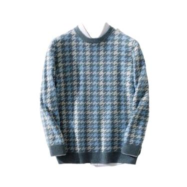 Imagem de Camisa masculina de caxemira espessa cor contrastante xadrez pulôver de malha de lã sólida gola redonda versão coreana, Cinza 9, Small