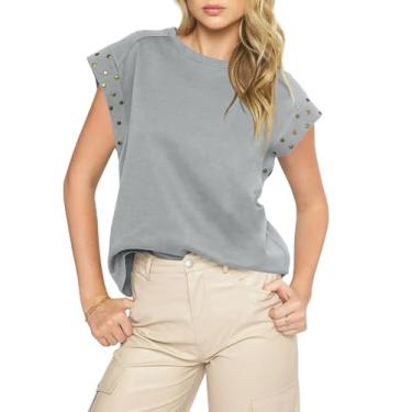 Imagem de Tankaneo Camisetas femininas de verão com manga cavada, casual, caimento solto, tamanho grande, cravejadas, vintage, Cinza, G