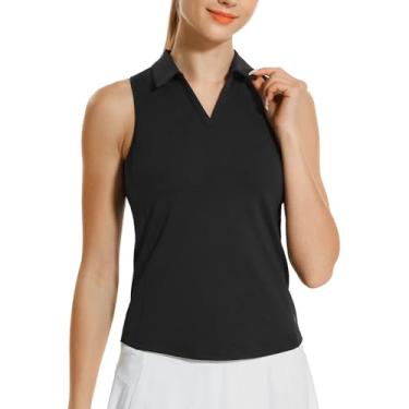 Imagem de HODOSPORTS Camisas polo femininas de golfe sem mangas com gola V, secagem rápida, costas nadador, Preto, P