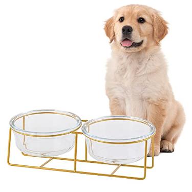 Imagem de Tigelas grandes duplas elevadas para cães - tigela elevada para cães - conjunto de tigelas de vidro para cães e gatos - Tigelas de alimentação confortáveis para animais de estimação com suporte de