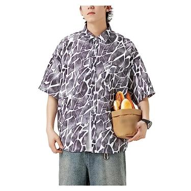 Imagem de Camiseta masculina com estampa floral havaiana, caimento solto, manga curta, fina, casual para praia, Cinza, G