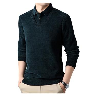Imagem de Suéter masculino de lã engrossado falso de duas peças quente suéter de malha de manga comprida, Verde, G