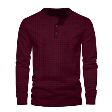 Imagem de Camisetas masculinas de manga comprida xadrez cor sólida abotoadas gola redonda pulôver camisetas casuais, Vinho tinto, XG
