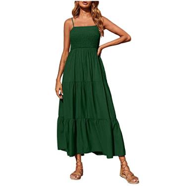 Imagem de Vestidos sem mangas sem alças para mulheres de linho maxi longo praia havaiano franzido vestidos de sol feminino, J-066 Verde limão, 3G