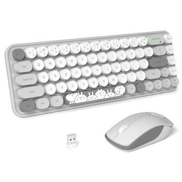 Imagem de FOPETT Teclado e mouse sem fio, lindo mouse e teclado 2,4 G, teclados sem fio com 68 teclas coloridas, capa redonda retrô para PC, laptop, tablet, computador Windows - cinza colorido