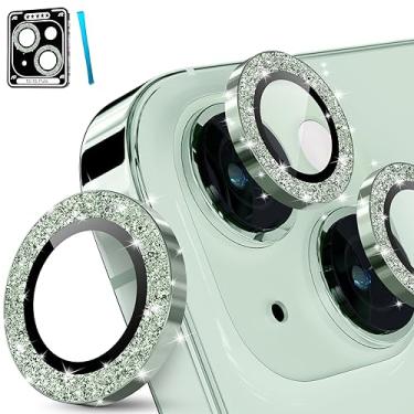 Imagem de imluckies Para iPhone 15 14 - Protetor de lente de câmera iPhone 15 Plus, anel individual de liga de alumínio transparente HD, película de proteção de tela traseira de vidro temperado 9H, verde glitter