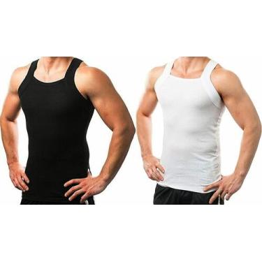 Imagem de AC BASICS 2-4 camisetas regatas masculinas estilo G-Unit algodão corte quadrado com nervuras, Preto e branco, 5G Alto Grande