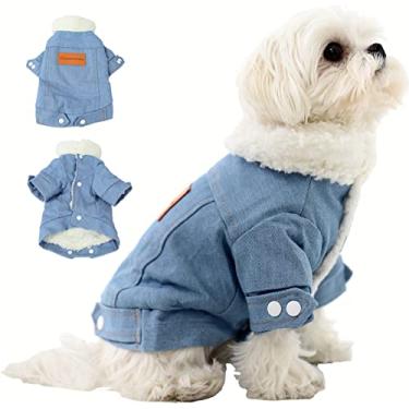 Imagem de Plemonet Roupas para cães de estimação jaqueta para cães forro de lã casaco extra quente jaqueta para gatos jaqueta jeans para cães casaco de inverno puff (azul, grande)