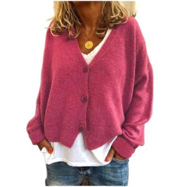 Imagem de LUZBOSE Suéter feminino cardigã feminino gola V manga longa casual cor sólida suéter solto colete de malha pulôver adequado para mulheres e meninas modernas (M, rosa vermelha)