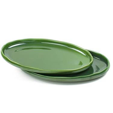 Imagem de vicrays Bandeja de cerâmica para servir – Conjunto de pratos de jantar de porcelana oval extra grande de 36 cm – ideal para entretenimento de festa, restaurante, comida, carne, sushi, peixe, peru – verde