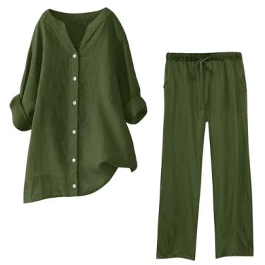 Imagem de Lainuyoah Conjunto de duas peças para mulheres, camisa de algodão e linho, gola V e calça de cintura elástica, conjunto de agasalho liso, A-ag, Medium