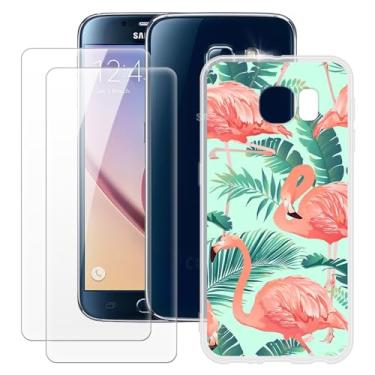 Imagem de MILEGOO Capa para Samsung Galaxy S6 + 2 peças protetoras de tela de vidro temperado, capa de TPU de silicone macio à prova de choque para Samsung Galaxy S6 (5,1 polegadas) Flamingo