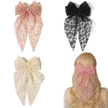 Imagem de LFOUVRE Laço de cabelo feminino, laço de renda, laço de cabelo preto, laço bege para cabelo, laços grandes para cabelo de menina, grampos de cabelo rosa com cauda longa, presilhas de laço, acessórios