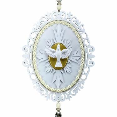 Imagem de Placa Divino Espírito Santo Resplendor Religioso Oval Porta Parede Strass Resina Pérola Branco Decoração Plaza Design 28x23,5cm