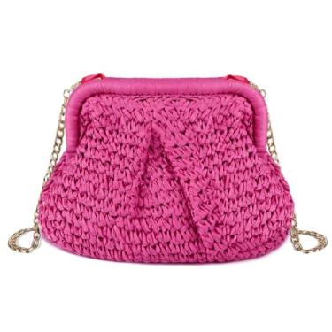Imagem de LUOFMISS Bolsa clutch de palha para mulheres - Bolsa de tecido casual de praia de palha feita à mão bolsa transversal, rosa