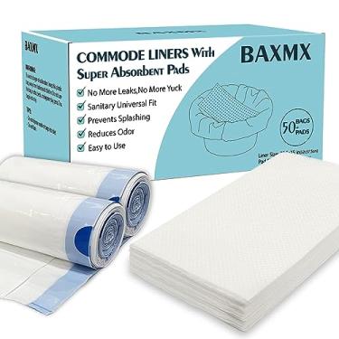 Imagem de BAXMX Forros de cômoda com almofadas absorventes (pacote com 50) - forros de cabeceira para balde de cômoda - Sacos descartáveis para adultos, forros de cadeira de penico portáteis e à prova de