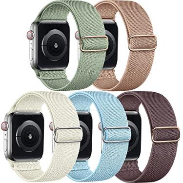 Imagem de Pacote com 5 pulseiras de nylon elástico compatível com Apple Watch SE Ultra 2 1, séries 10, 9, 8, 7, 6, 5, 4, 3, 2 e 1 de 40 mm, 41 mm, 42 mm, 44 mm, 45 mm, 46 mm, 49 mm, 4, 3, 2 e 1 de 40 mm, 40 mm,