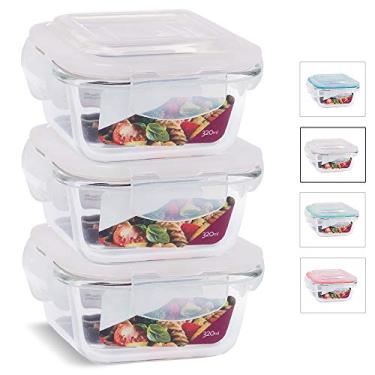 Imagem de KIT 3 Potes de Vidro Quadrado com Tampa Hermética 320ml Cor:Branco (QH)