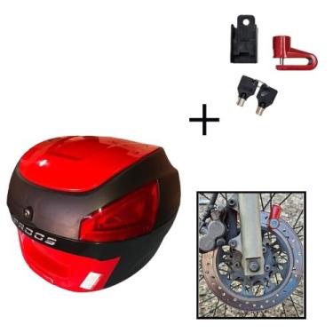 Imagem de Baú Bauleto 29l Awa + Cadeado Trava Disco Moto Antifurto, Vermelho