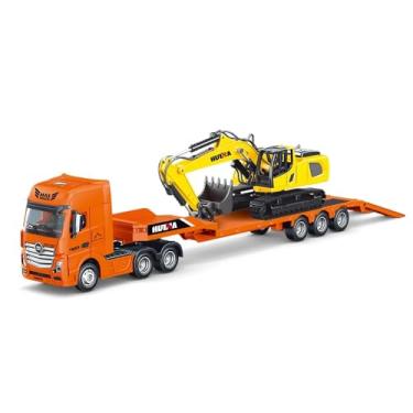 Imagem de Miniatura 1:50 Carreta Reboque Prancha + Escavadeira Hidraulica Die-cast Metal - H1729 - Colecionavel